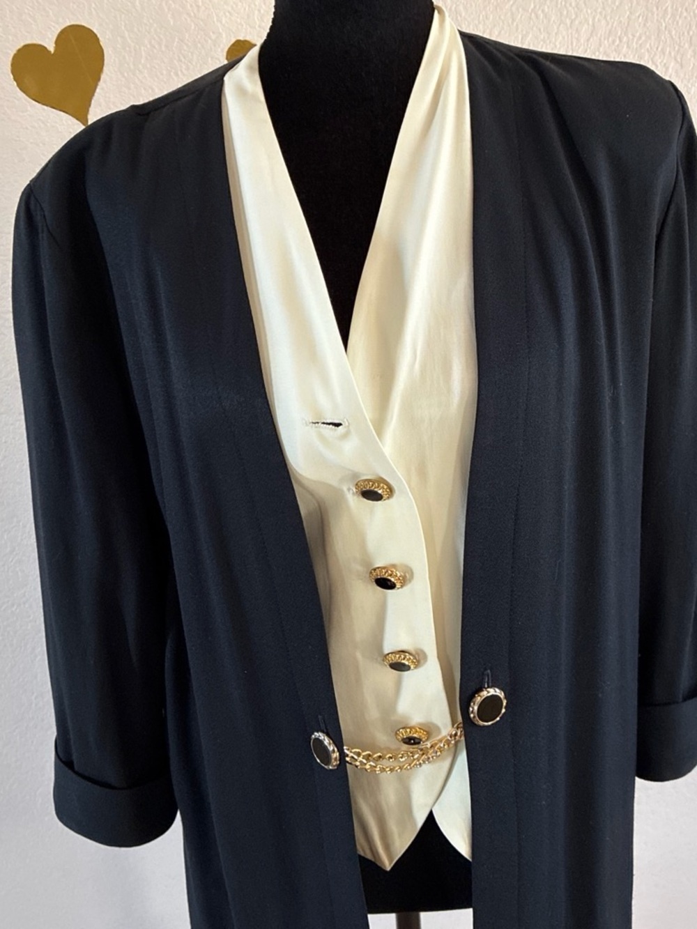 Black Open-Front Jacket with Cream Vest Detail - Picture 7 of 8